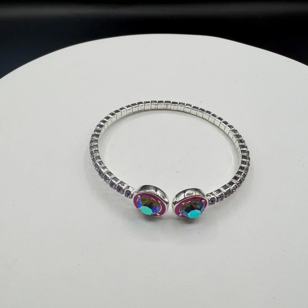 Silver Tone AB Crystal Open Cuff Bracelet Pink Enamel Statement Boho Gift Y2K